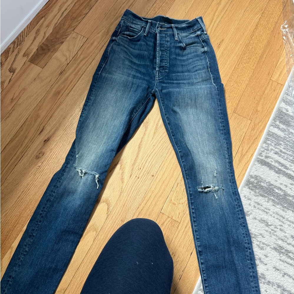 Mother denim size 24 blue straight leg jeans with open slit knee and fray